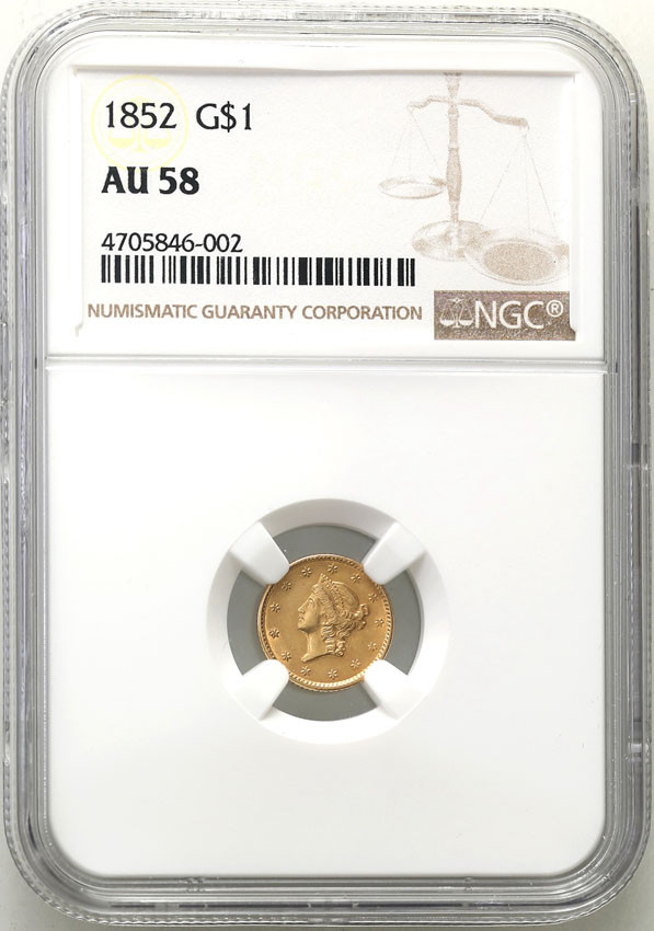 USA 1 dolar 1852 typ I, Filadelfia NGC AU58
